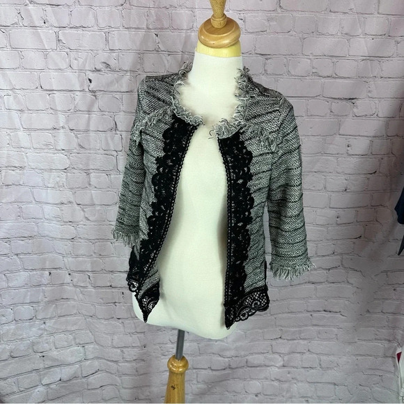 Chico's black white jacket blazer size 0 (Small 4) business office lace trim - Picture 1 of 8